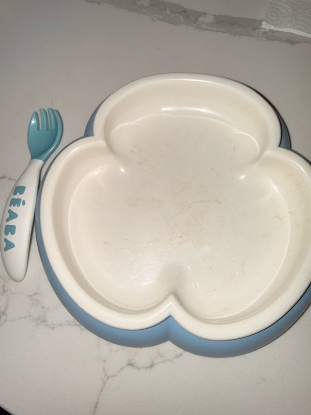 Beaba Kids Suction Plate with Matching Fork — Blue & White - Picture 2 of 6